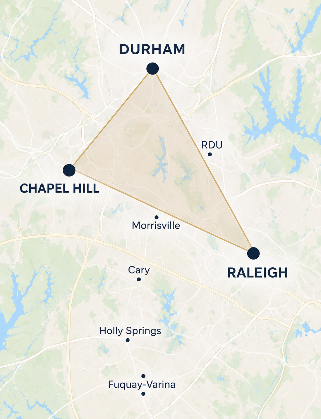 Map showing the location of Durham, Chapel Hill, and Raleigh, North Carolina, connected by lines forming a triangle. Nearby cities include Morrisville, Cary, Holly Springs, Fuquay-Varina, and RDU airport.