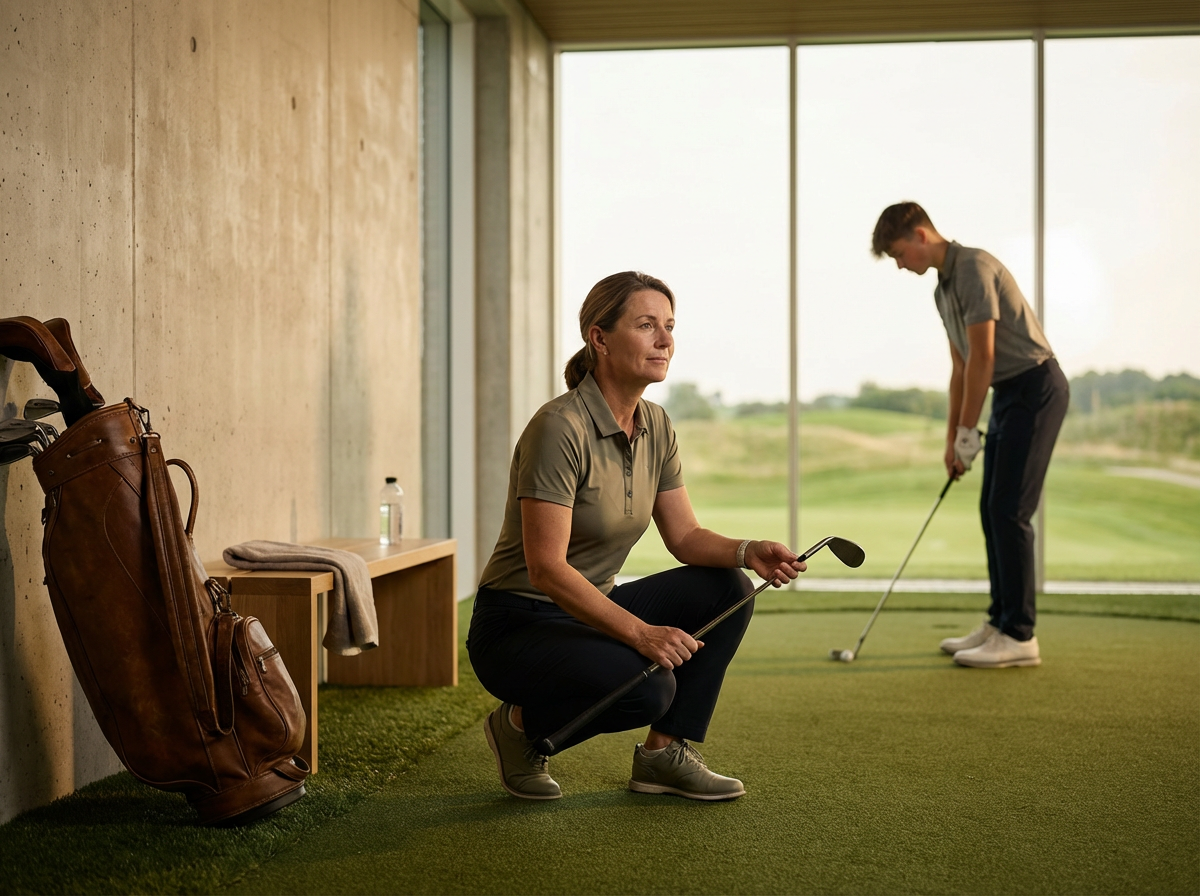 A woman in a gray golf shirt kneeling on an indoor golf practice green, holding a golf club, with a young man in the background preparing to hit a golf ball.