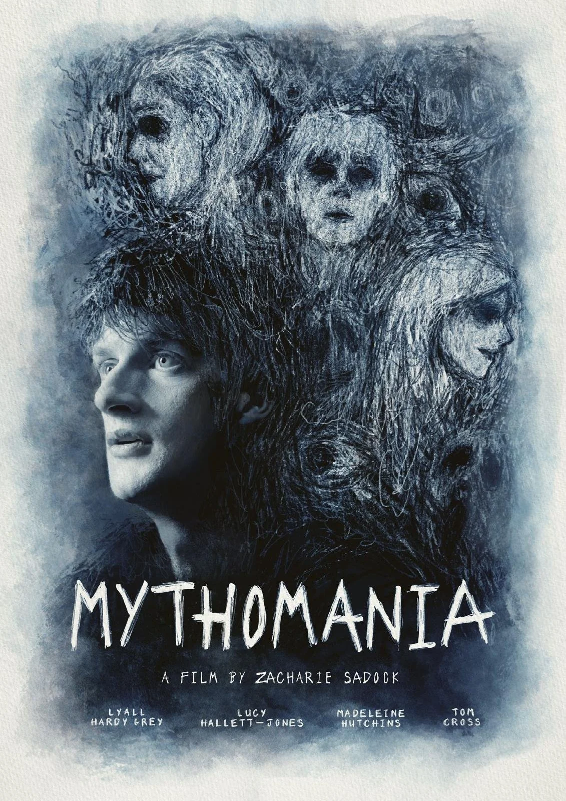 A promotional poster for the film "Mythomania" features Lyall Hardy Grey in the lower left, with his gaze upward. Behind him, there are multiple women’s faces and abstract sketches, creating a layered, artistic effect.