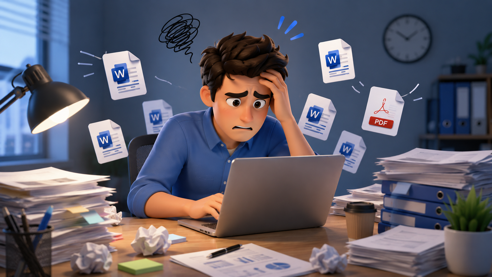 An anxious man is sitting at a cluttered desk with stacks of papers and folders, using a laptop. Several floating documents, including Word and PDF icons, surround him, indicating stress from work.