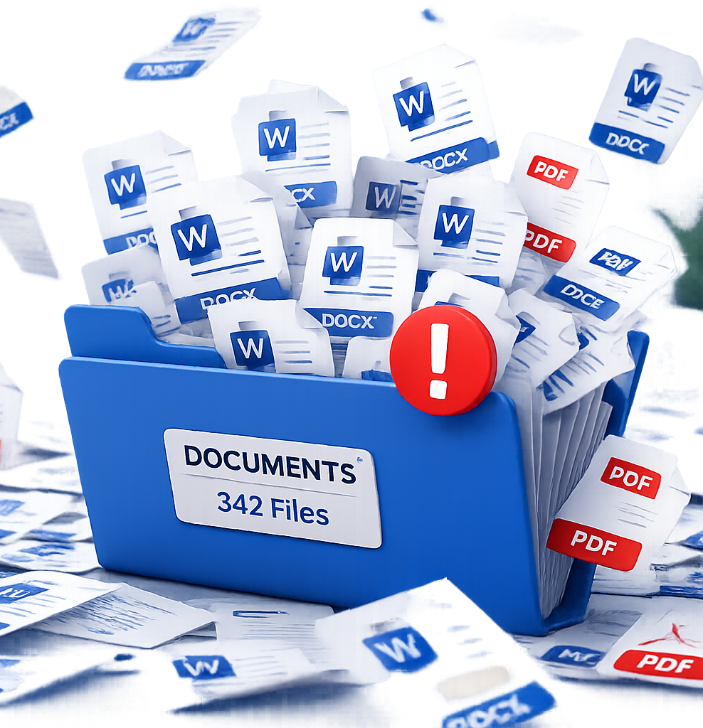 Blue file box labeled 'DOCUMENTS 342 Files' is overflowing with scattered papers and digital document icons labeled 'W', 'DOCX', 'PDF', and 'PAX'. A red exclamation mark icon indicates a warning or alert.