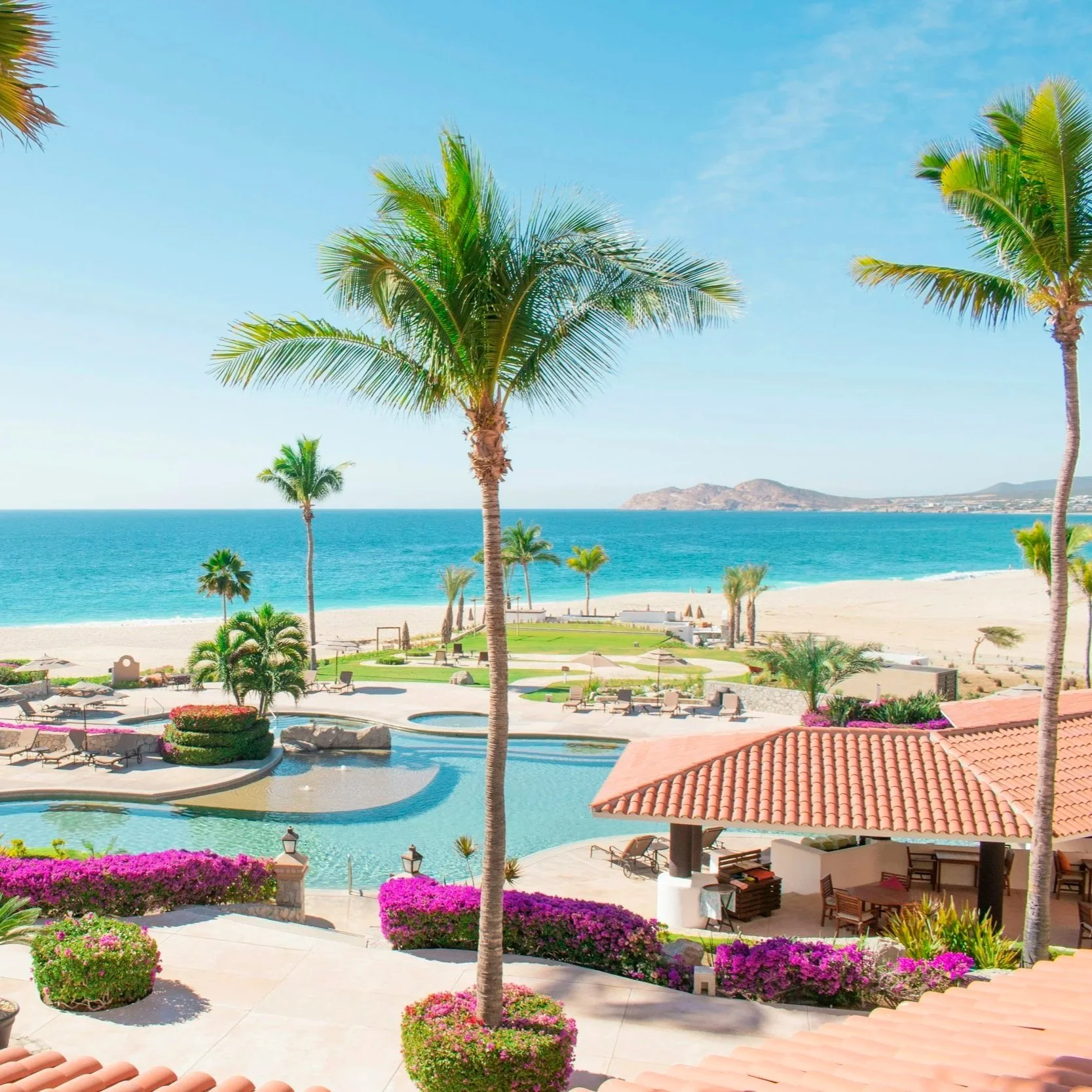 View of a luxurious beach resort with a pool, palm trees, lounge chairs, colorful flowers, and the ocean in the background during daytime.
