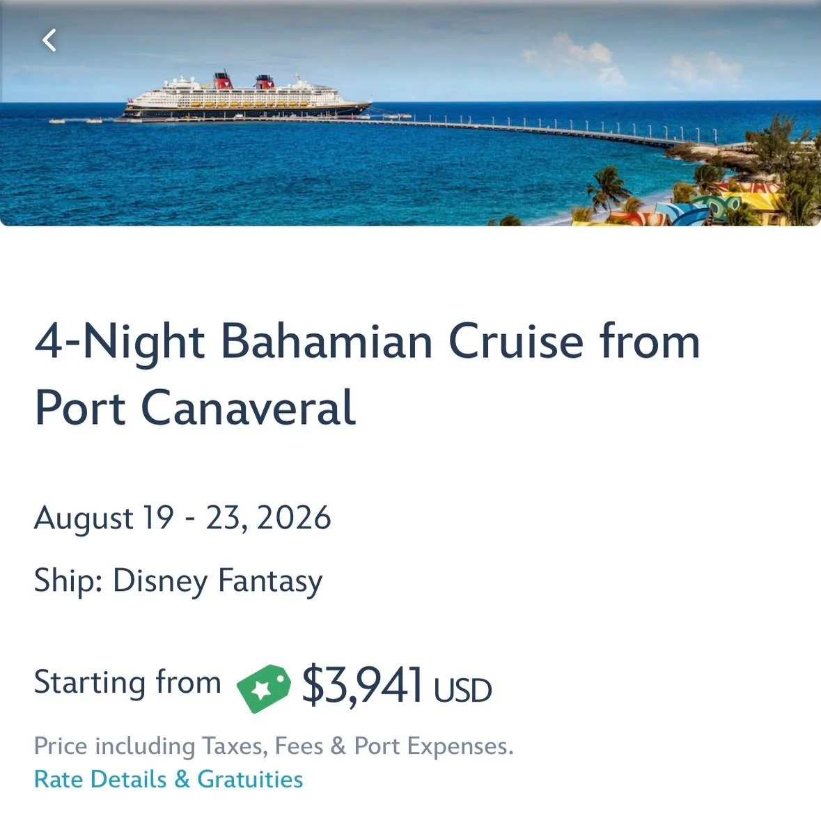 A family of four with kids under 18 years old can save almost $1000 on four nights in the Bahamas with Disney Cruise Line this August. A Verandah stateroom aboard the Disney Fantasy sounds like the perfect way to end the summer. Message me for a free