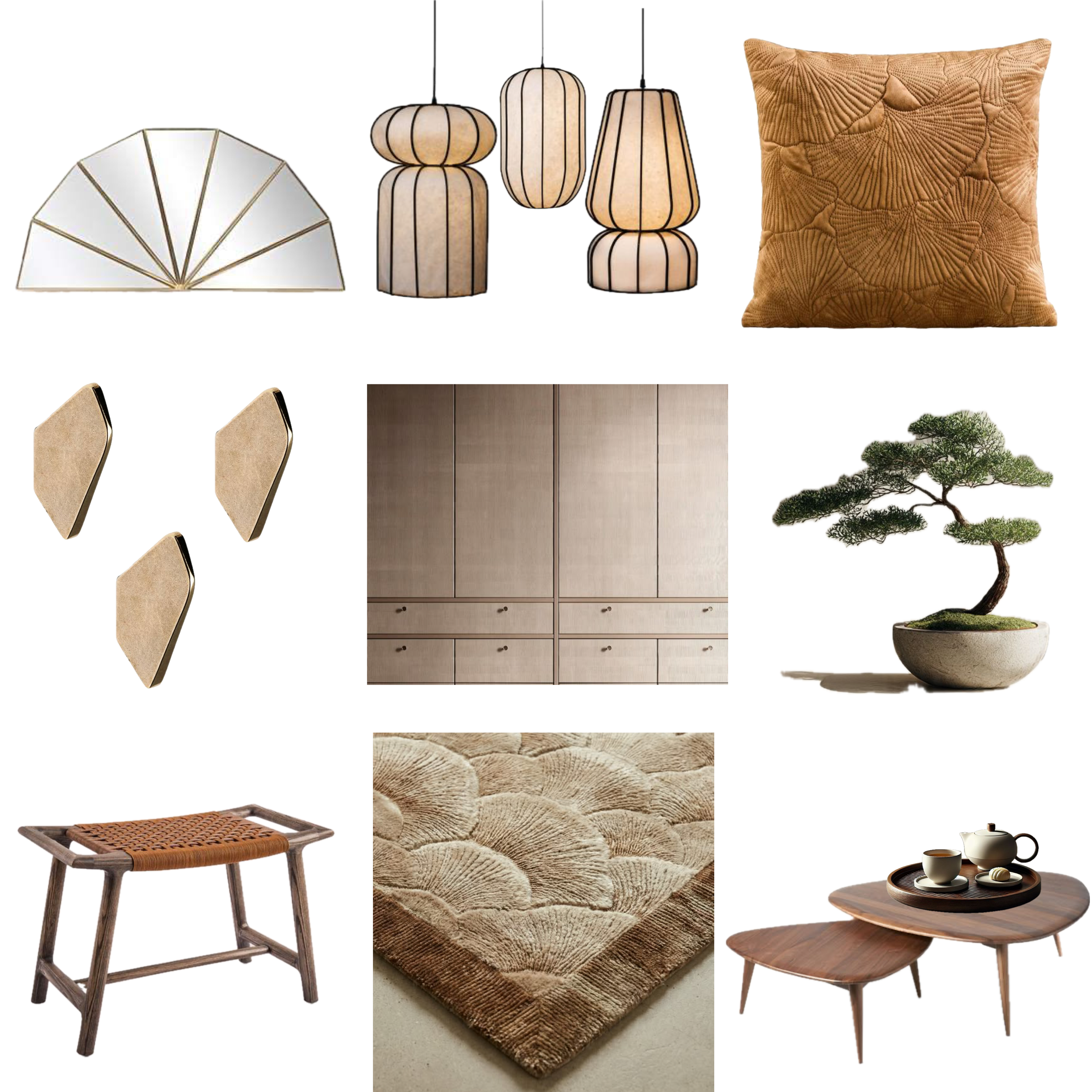 Nippon Loft dressing room moodboard with brass mirror, washi paper lights, ginkgo rug, oak wardrobes, and bonsai tree.