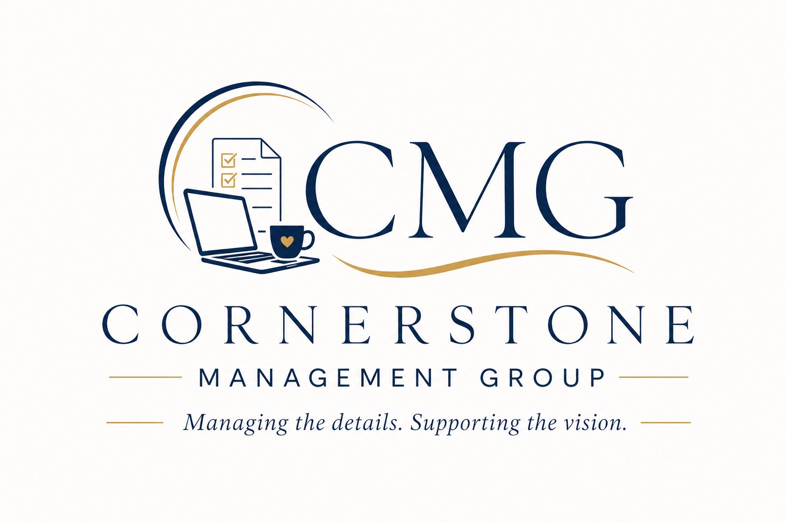 Logo for Cornerstone Management Group with books, a laptop, and a mug, featuring the text 'CMG', 'CORNERSTONE MANAGEMENT GROUP', and the slogan 'Managing the details. Supporting the vision.'
