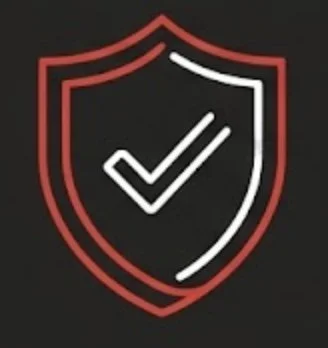 Red shield outline with a white checkmark inside on a black background.