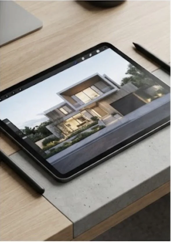 Tablet displaying an image of a modern house with large windows, sitting on a desk with a pen and a closed laptop nearby.