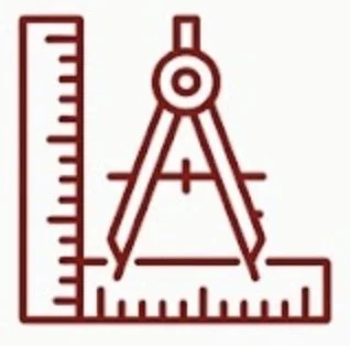 A red technical drawing compass and rulers used for drafting or engineering.