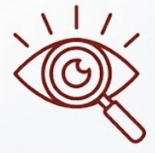 Line drawing of an eye with a magnifying glass and a crescent moon inside the eye.