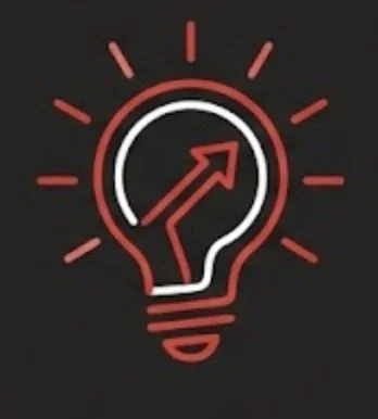 A graphic of a light bulb with an upward-pointing arrow inside, surrounded by red lines indicating light rays.