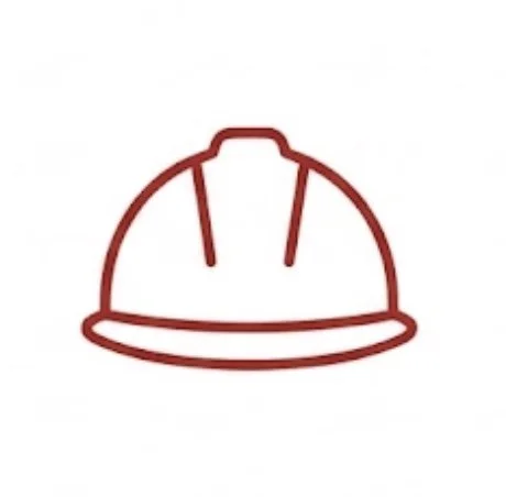 Red safety helmet with chin strap.