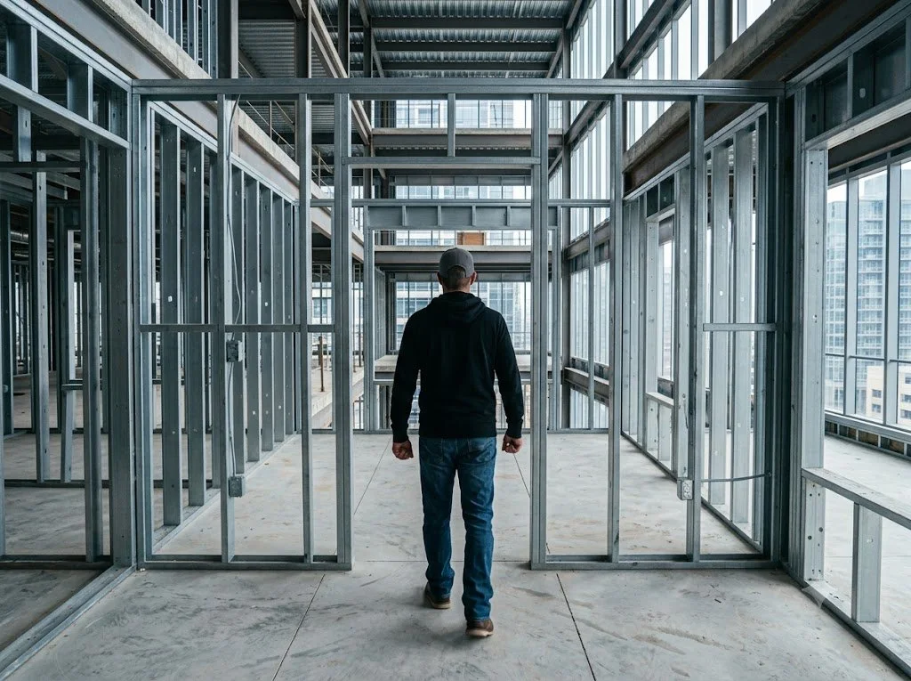A man in a black hoodie and jeans walking through an unfinished building with exposed metal framing and large windows.