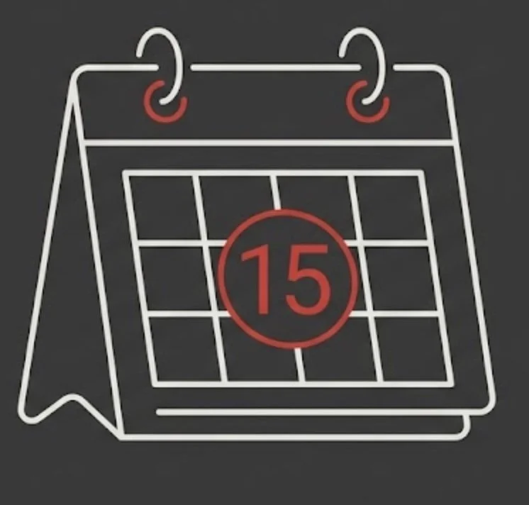 Neon illustration of a calendar page with number 15 in red, on a black background.