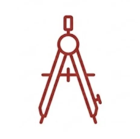 A red technical drawing compass on a white background.