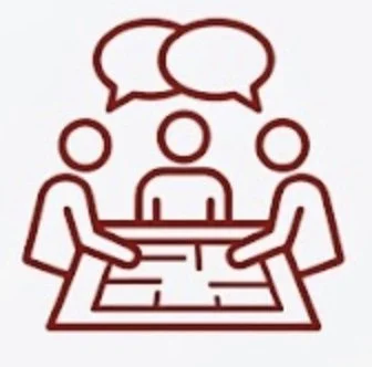 Illustration of three people sitting around a table with speech bubbles above their heads.