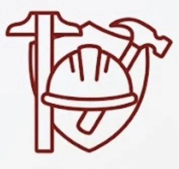 Line drawing of a hammer, wrench, and helmet over a shield.