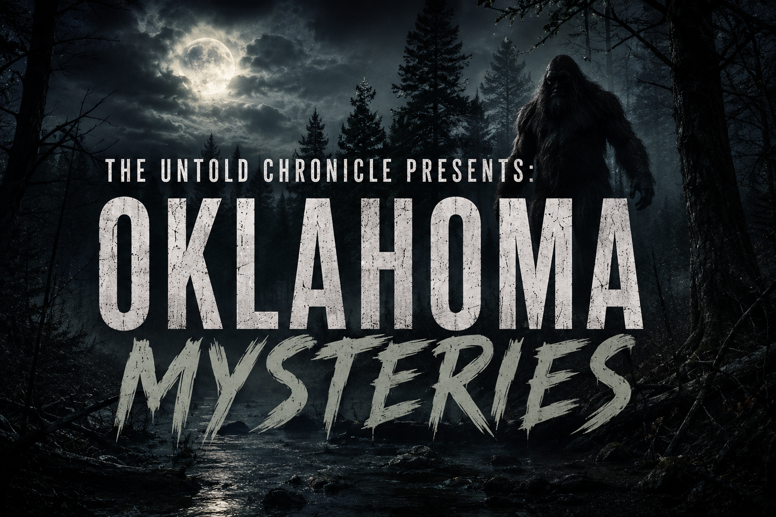 Dark, foggy forest scene with a full moon illuminating the sky, a large mythical creature resembling a sasquatch or Bigfoot walking among trees, and text that reads 'The Untold Chronicle Presents: Oklahoma Mysteries' in bold, distressed font.