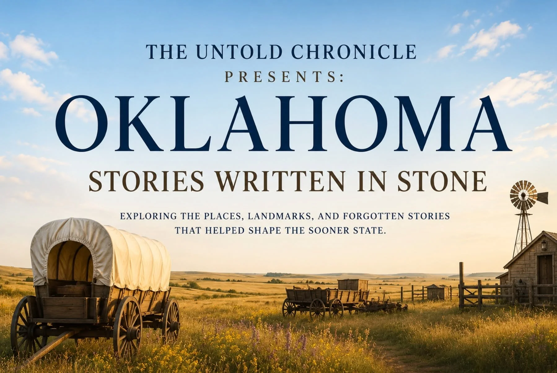 A historical exhibit titled 'The Untold Chronicle presents: Oklahoma' with a subtitle about stories written in stone. The background shows a rural Oklahoma landscape with old wagons, a windmill, a barn, and open fields under a partly cloudy sky durin