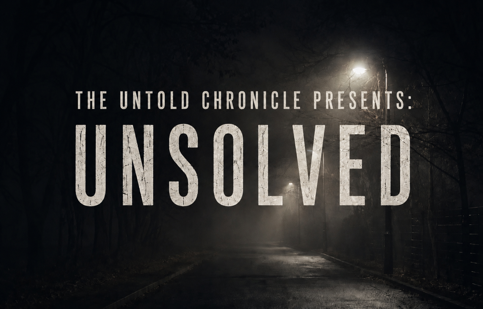 Nighttime scene of a foggy street with streetlights and trees on either side, overlaid with text that reads 'The Untold Chronicle Presents: Unsolved'.