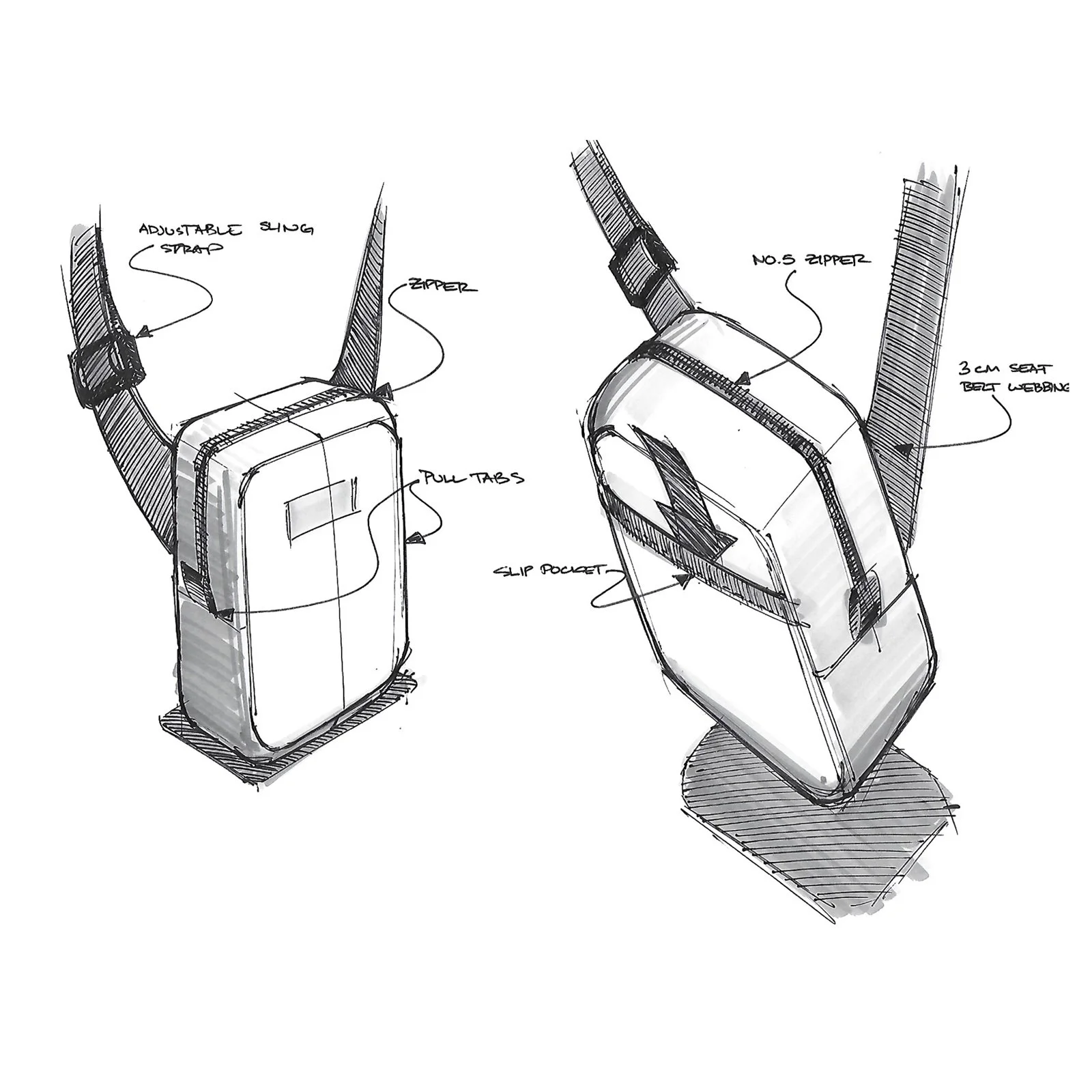 Crossbody sketch with ballpoint pen and Copic markets.