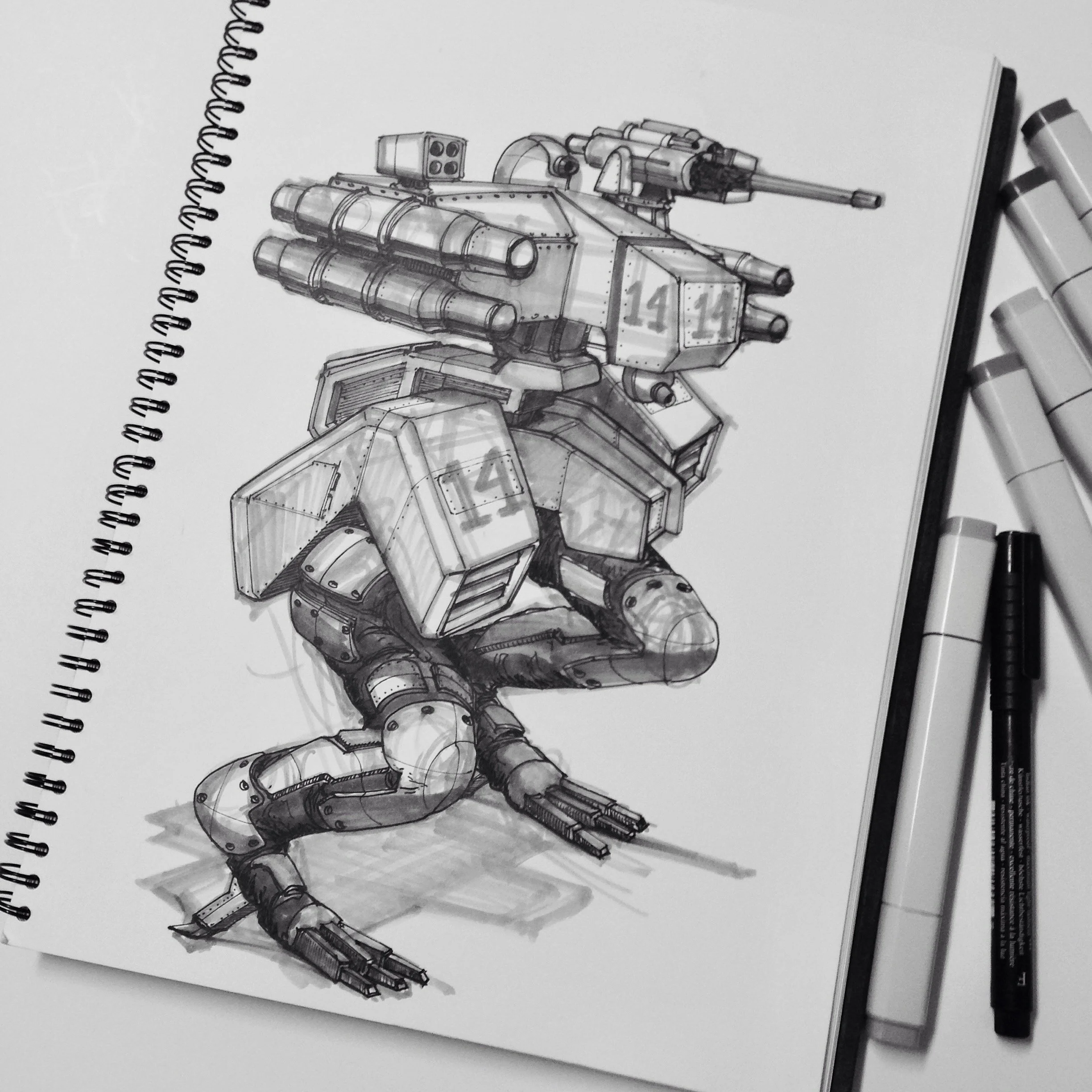 Mech warrior sketch with markers on a sketch book.