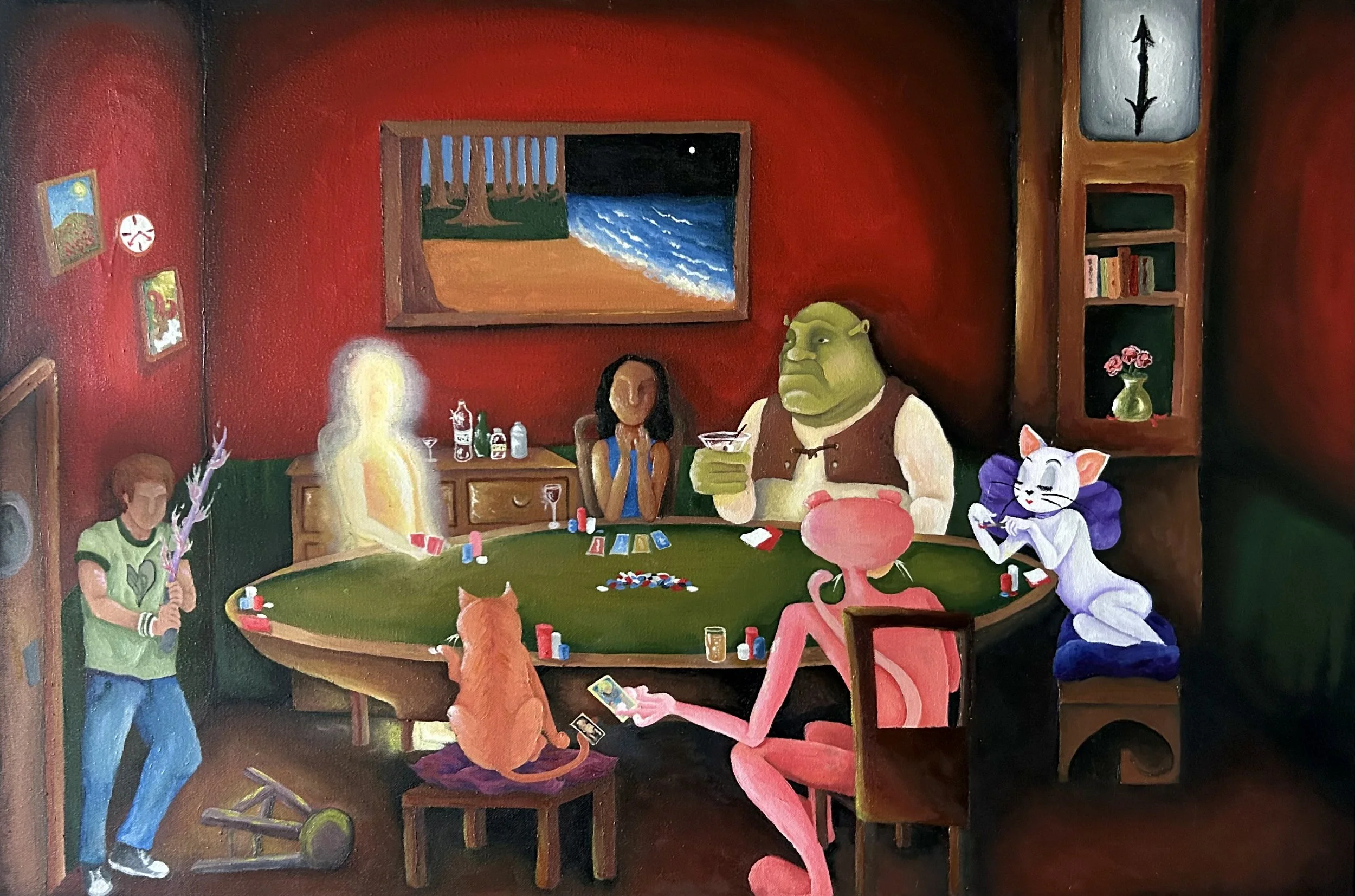 A colorful painting depicting a group of whimsical characters playing poker around a table in a cozy room with red walls. The room features a window showing a night scene with trees and the moon, and a bookshelf with a vase of flowers. The characters include a green ogre, a white cat in a purple outfit, a glowing humanoid figure, a pink flamingo, and a person with an orange shirt and an animal head mask.