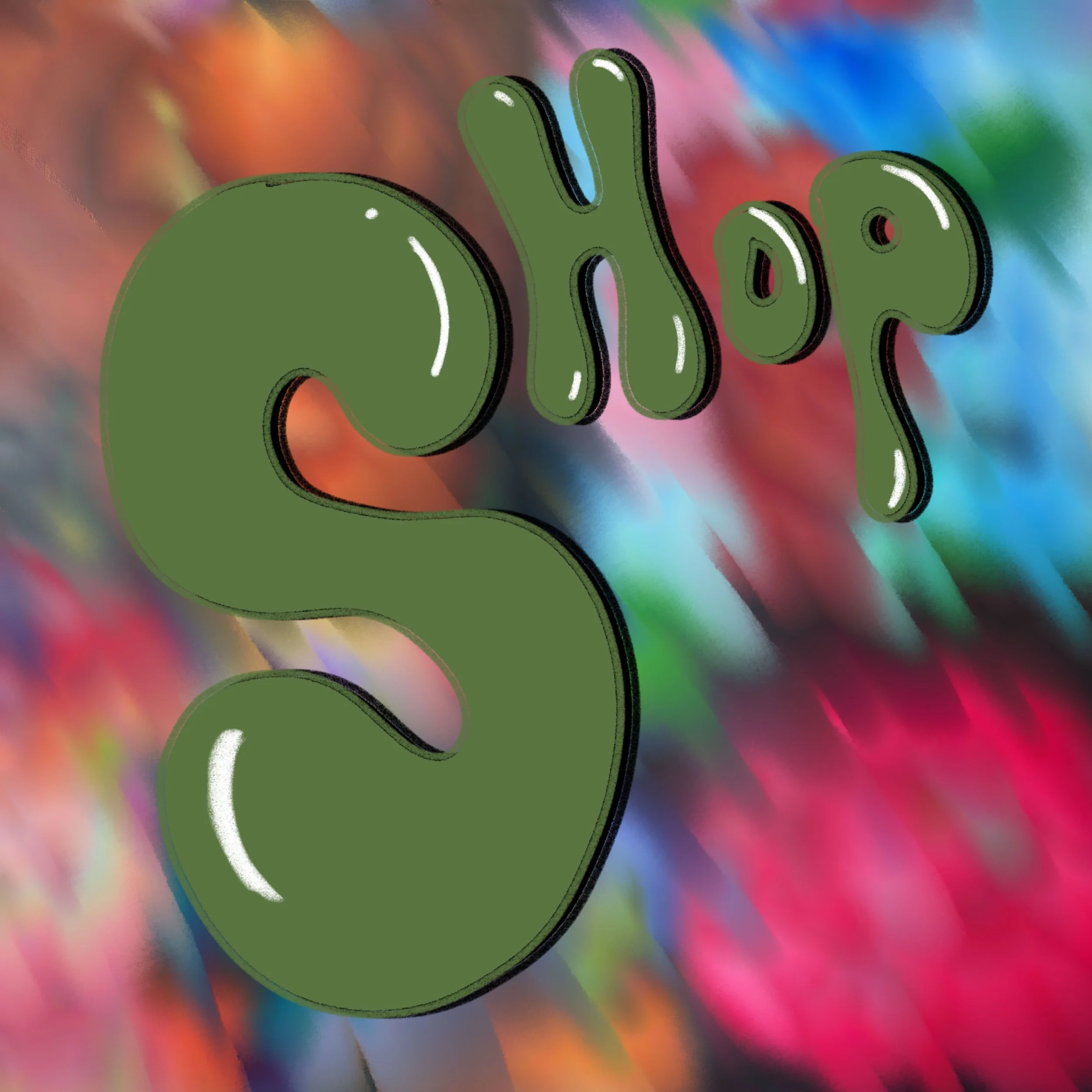 Close-up of a digital illustration featuring the word 'shop' in bold, green, stylized letters with white highlights, set against a colorful, blurred background with red, blue, green, and purple hues.