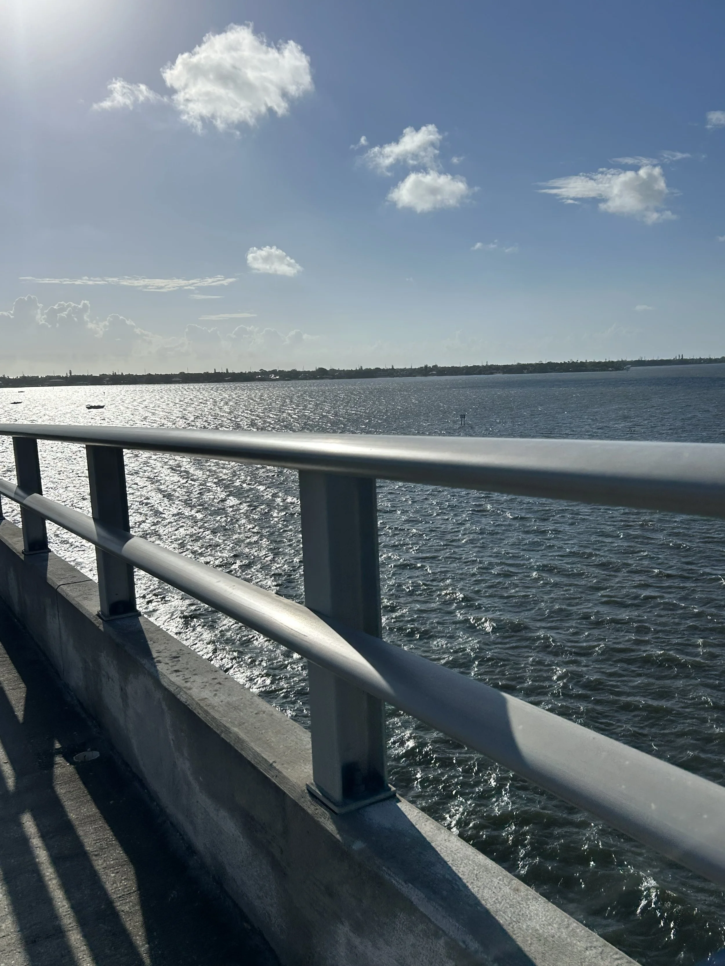 View of a body of water with a shoreline in the background, taken from a bridge with a metal railing and concrete barrier, under a blue sky with scattered clouds.