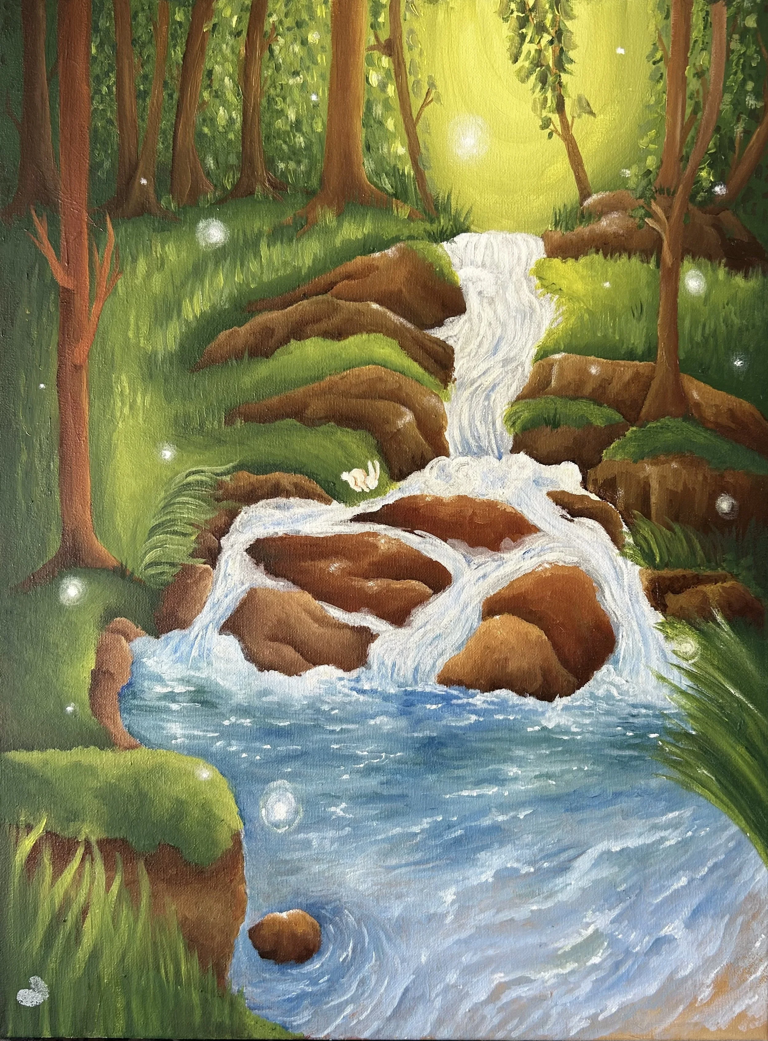 An impressionistic painting of a forest scene with a small waterfall flowing over rocks into a river, surrounded by green trees and grass, with sunlight filtering through the trees.