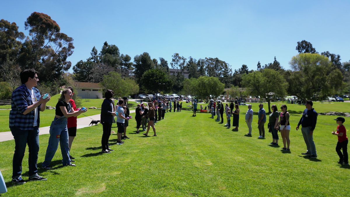 People standing in two parallel lines on a grassy field, holding small objects, in a park with trees and parked cars in the background.