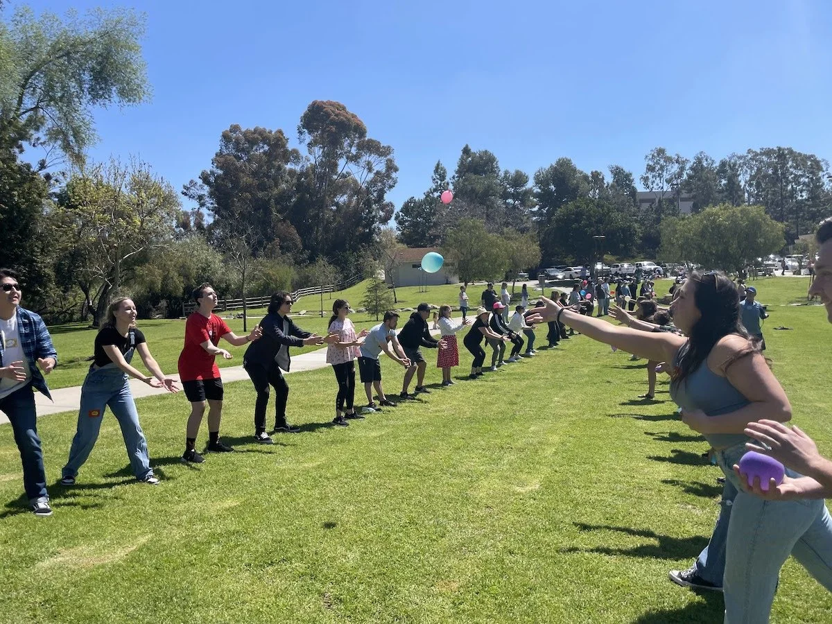 People participating in a tug-of-war game outdoors on a sunny day in a park with trees and a parking lot in the background.