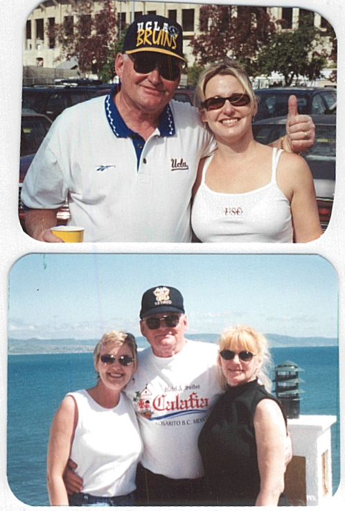 Two photos of people enjoying outdoor settings. In the first, a man and woman stand together in a parking lot, smiling, with the man giving a thumbs-up. In the second, three women stand near water with a lighthouse in the background, smiling.