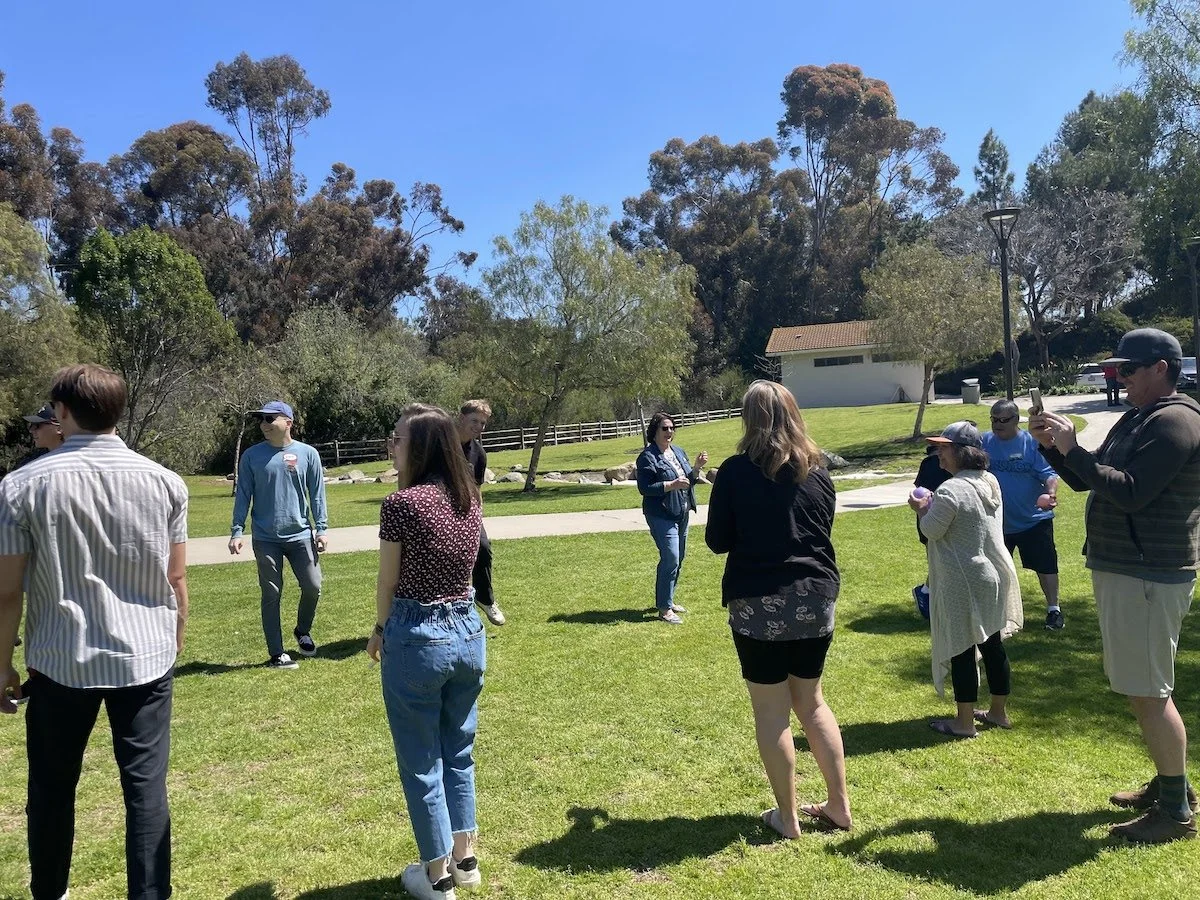 Group of people standing on grass in a park with trees and a building in the background, some taking photos and enjoying the sunny day.