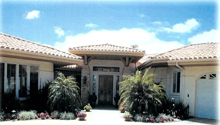 Front view of a modern house with a tiled roof, decorative entrance, and landscaping with palm trees and flower pots, under a partly cloudy sky.