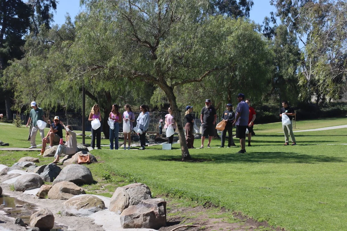 People gathered in a park, some sitting on rocks, others standing in a line, possibly participating in an outdoor event, with trees and a grassy area in the background.