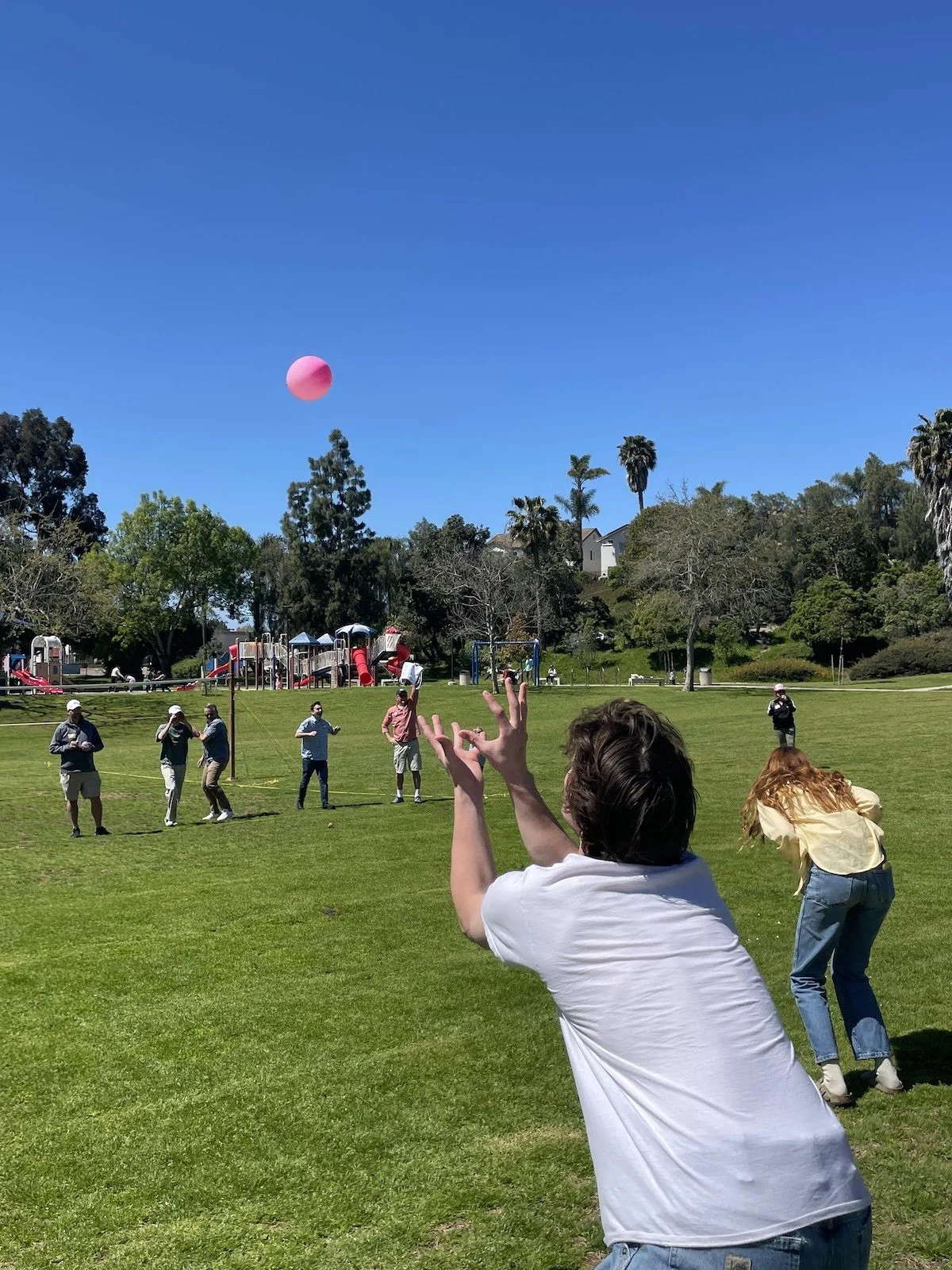 People playing catch with a pink ball in a park with trees, playground, and blue sky