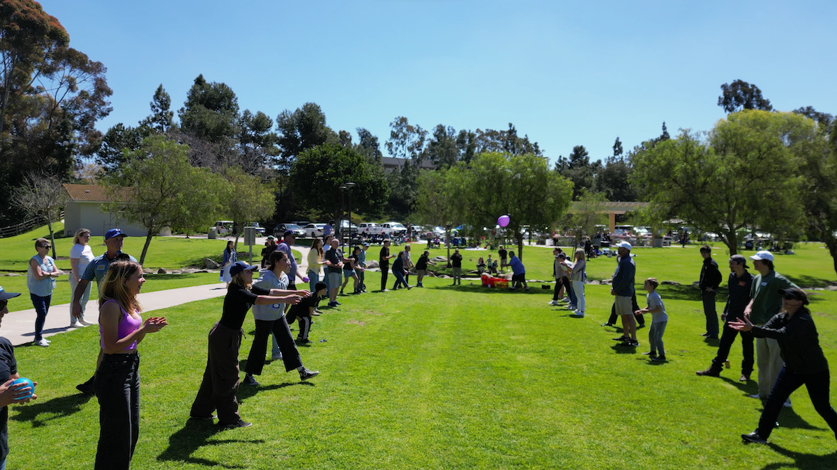 Group of people participating in an outdoor game or activity on a sunny day in a park with green grass, trees, and a walking path.