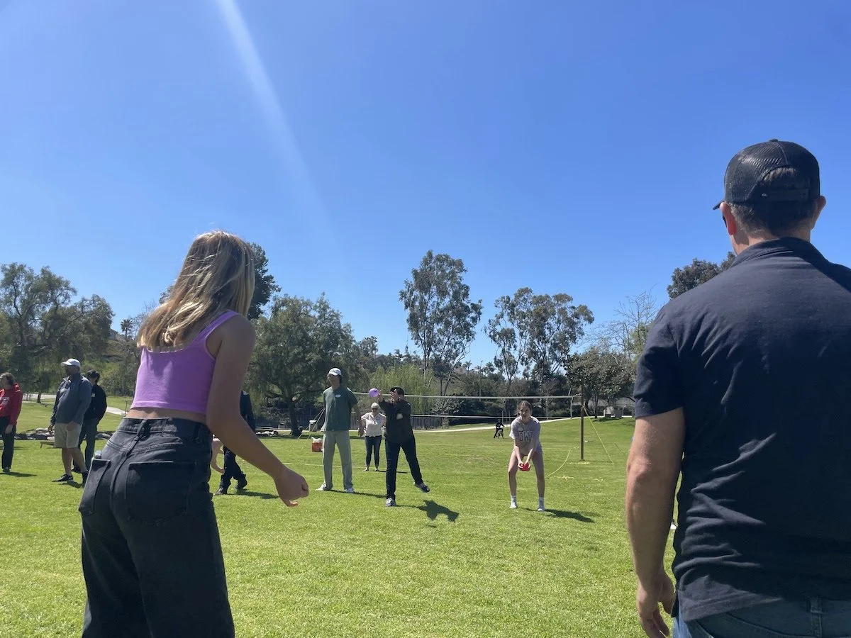 People playing volleyball outdoors on a sunny day in a park with trees in the background.