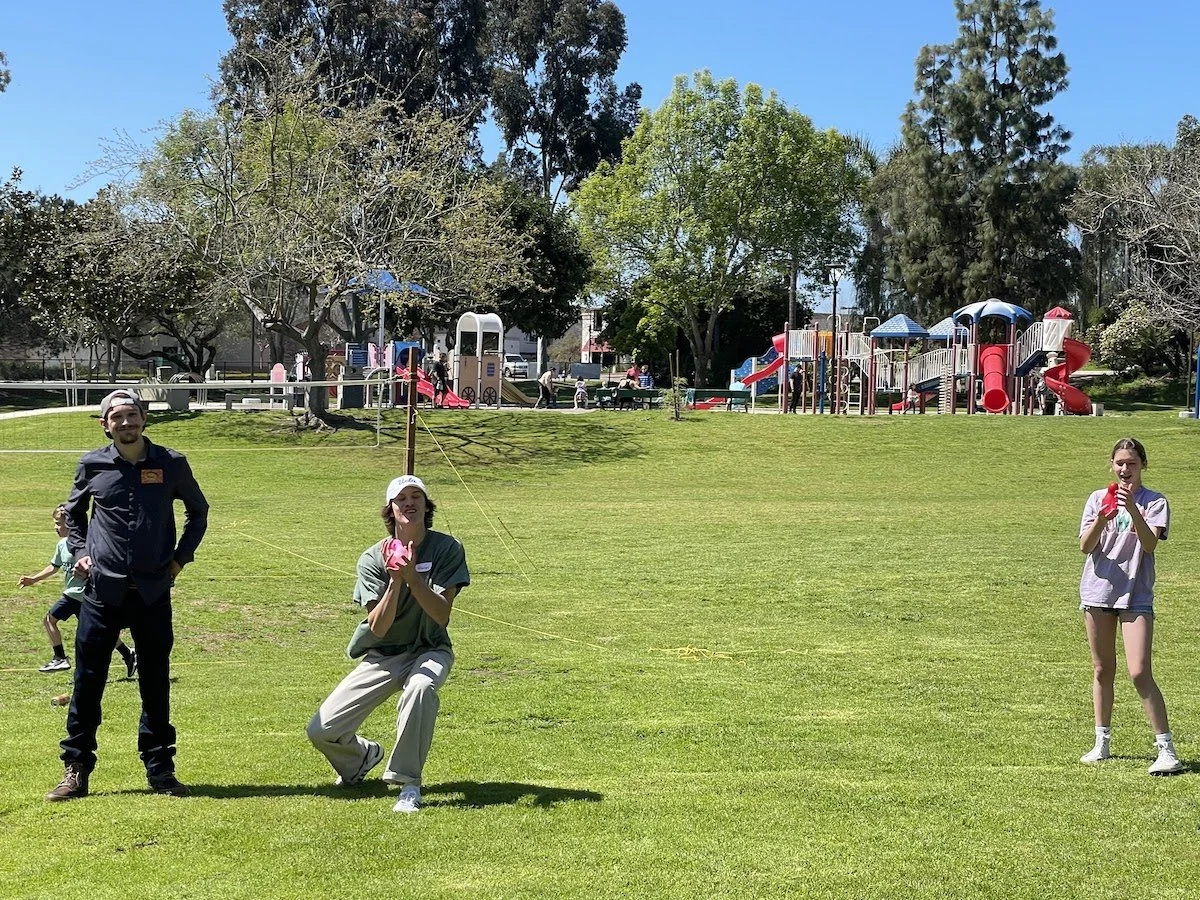 People playing a game with large pink balls in a park with a playground in the background.