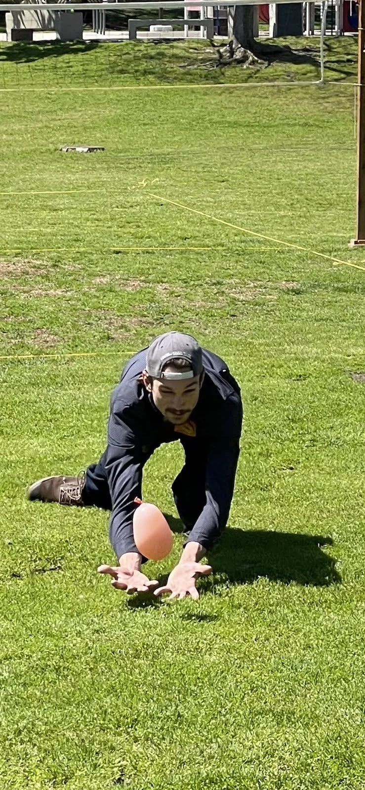 A person on their hands and knees on a grassy field with a balloon in front of them, in a crouched position to catch or throw the balloon, with a dog lying and resting on a ledge in the background.