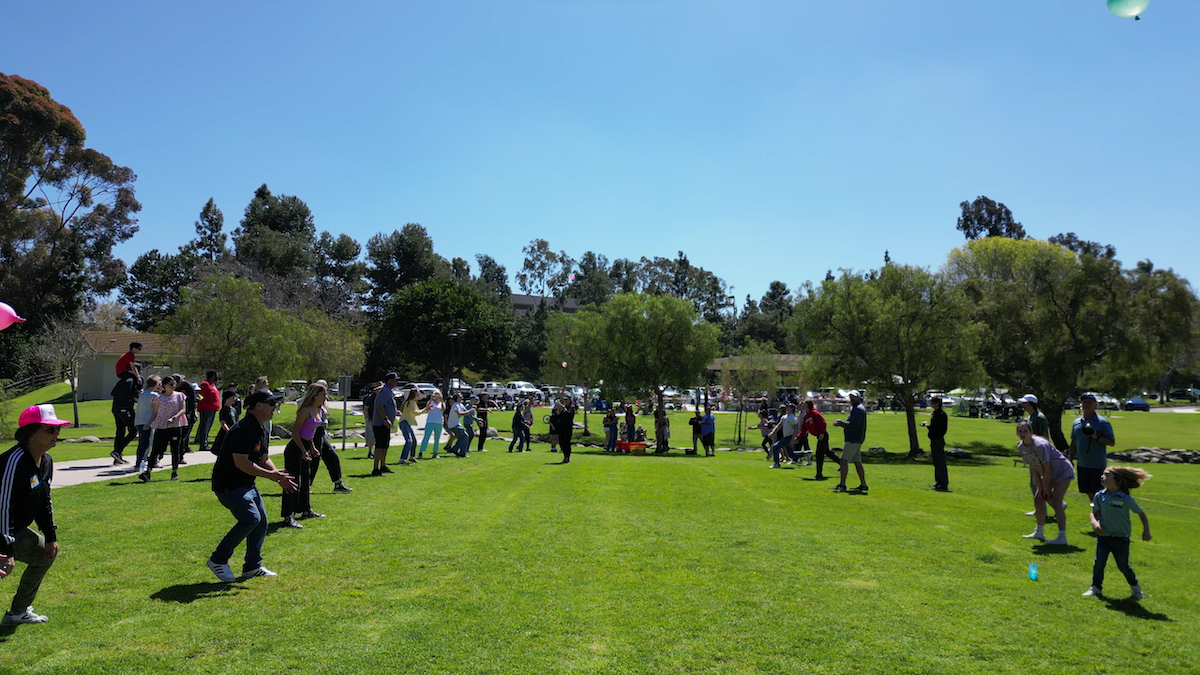 People of various ages participating in a game or activity outdoors on a sunny day in a park with green grass, trees, and a clear blue sky.