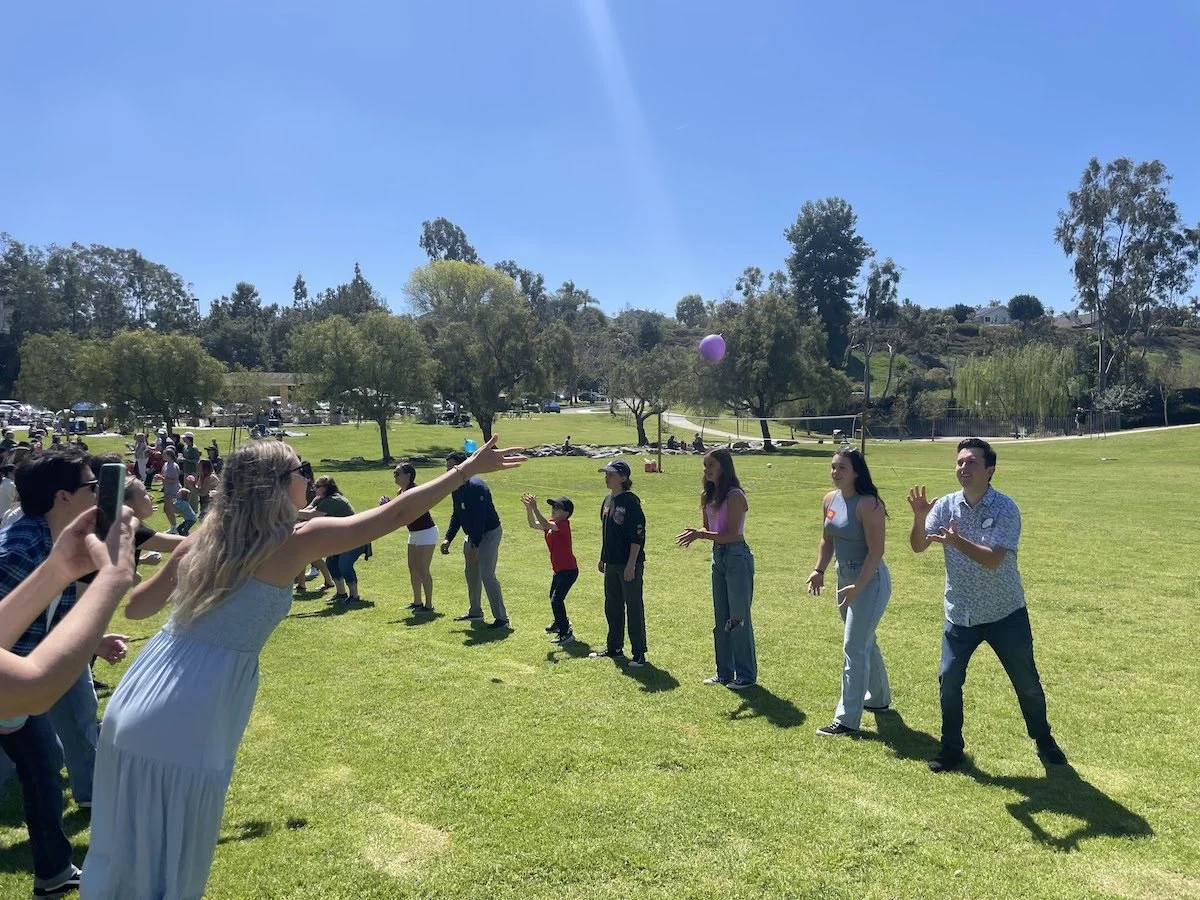 People playing a game with a purple balloon outdoors in a sunny park, with onlookers and trees in the background.