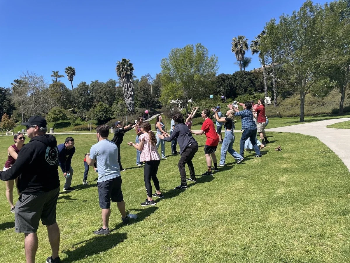 People playing a game with balls in a park on a sunny day, with palm trees and green grass.