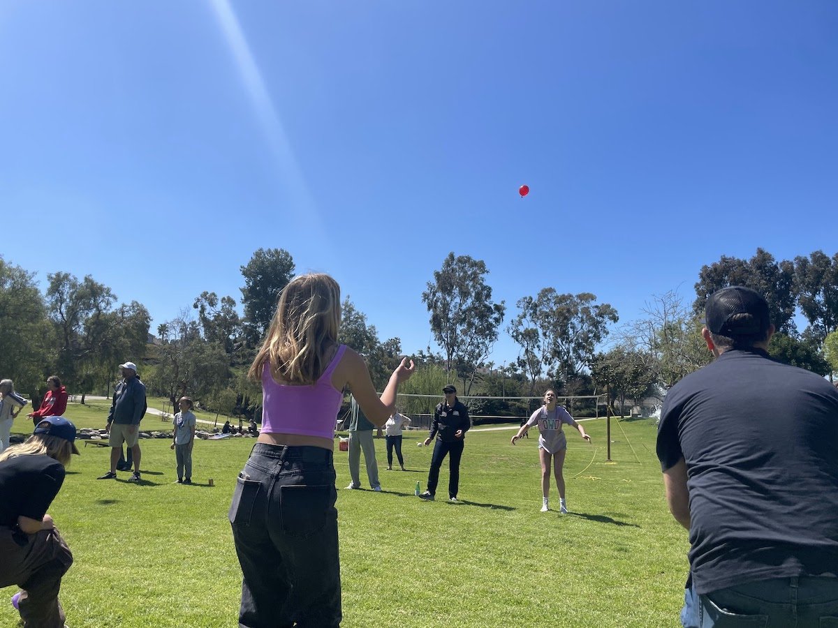 People playing volleyball outdoors on a sunny day at a park with trees in the background.