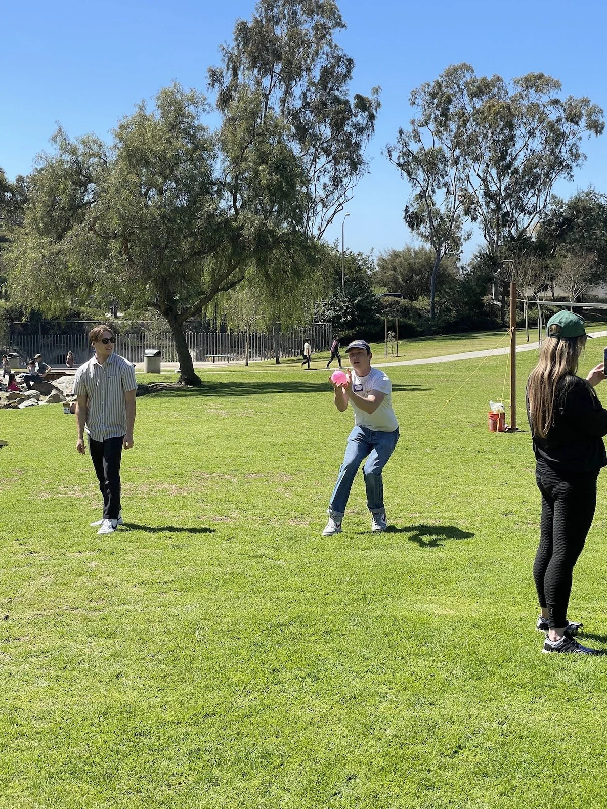 Three people in a park playing a game with a pink ball while others walk and relax on a sunny day.