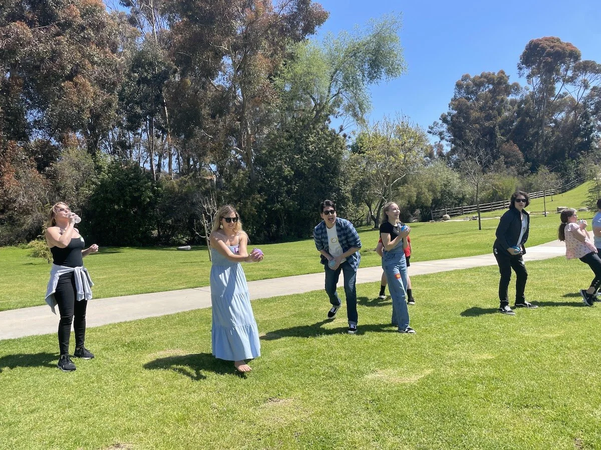 Group of people outdoors on grass playing with colorful eggs or balls under a sunny sky.