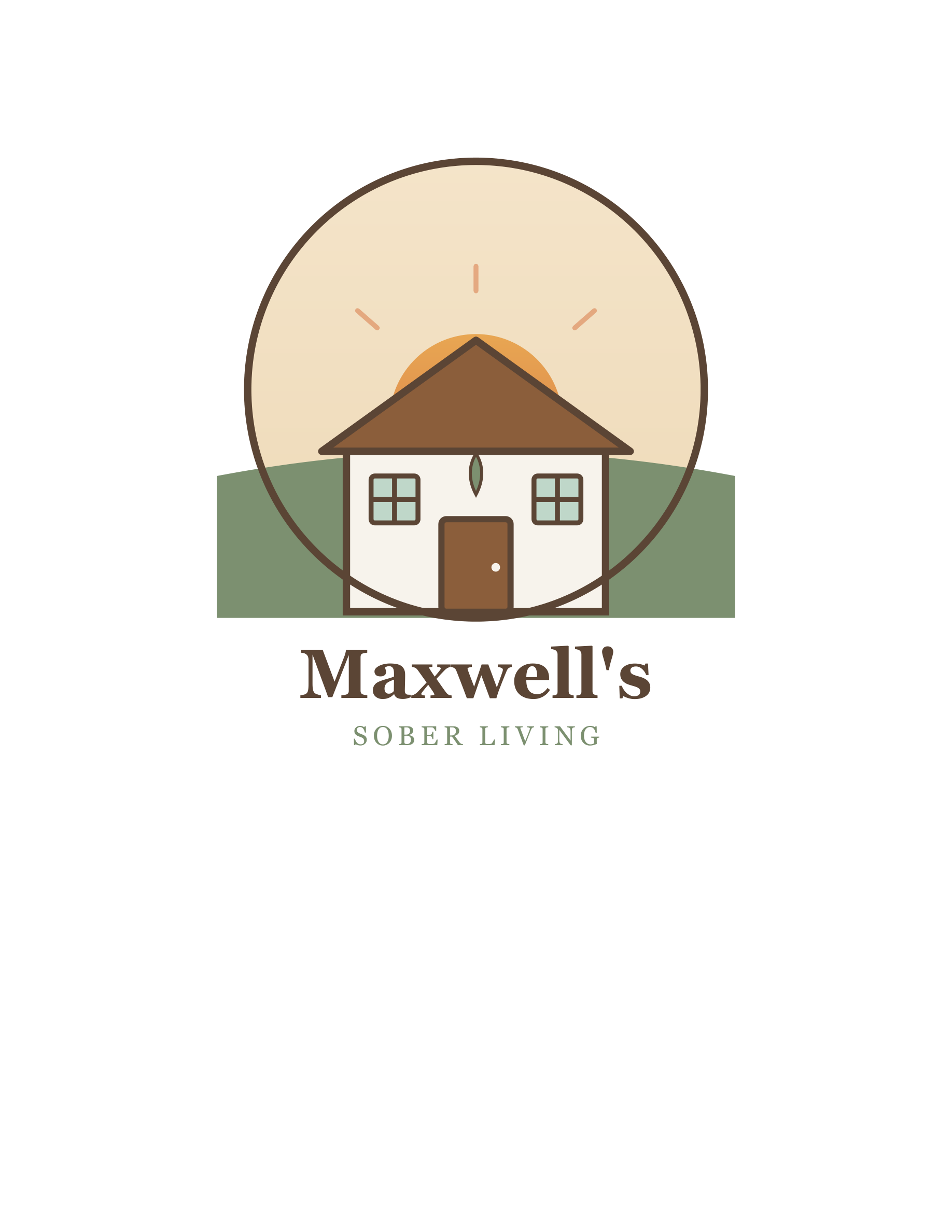 Book cover titled 'Maxwell's Sober Living' with an illustration of a house and sunrise.
