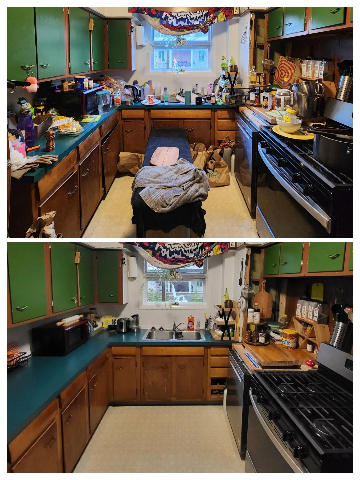 Before and after comparison of a cluttered kitchen: the top image shows a messy kitchen with dishes, food containers, and clutter on the countertops, while the bottom image shows the same kitchen neatly cleaned and organized.