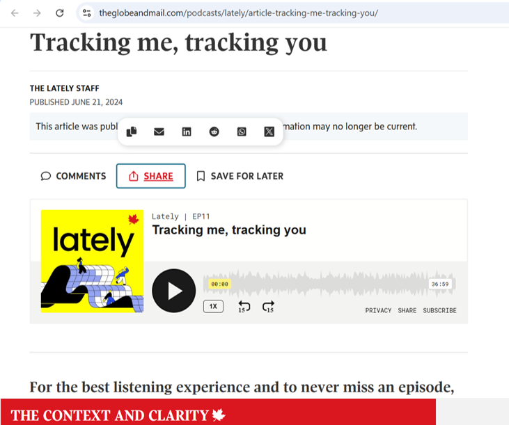 Screenshot of a webpage from theglobeandmail.com titled "Tracking me, tracking you," featuring a podcast episode from Lately EP11, with a yellow podcast cover art labeled "lately" showing a stylized illustration of people and objects.