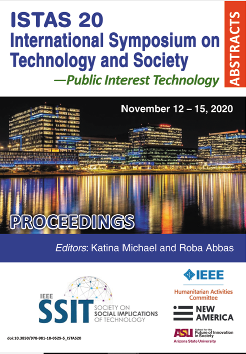 Cover page for the ISTAS 20 conference proceedings with a nighttime cityscape reflecting on water featuring Tempe Lake in Arizona, featuring logos of IEEE, SSIT, IEEE Humanitarian Activities Committee, New America, and Arizona State University.